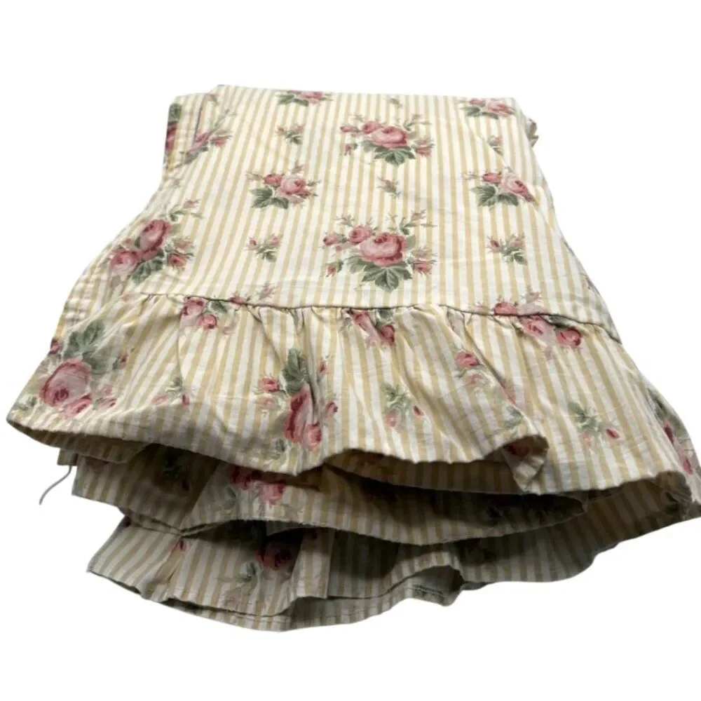 Ralph Lauren Sophie Brooke Floral Yellow Stripe Ruffled Queen Flat Sheet